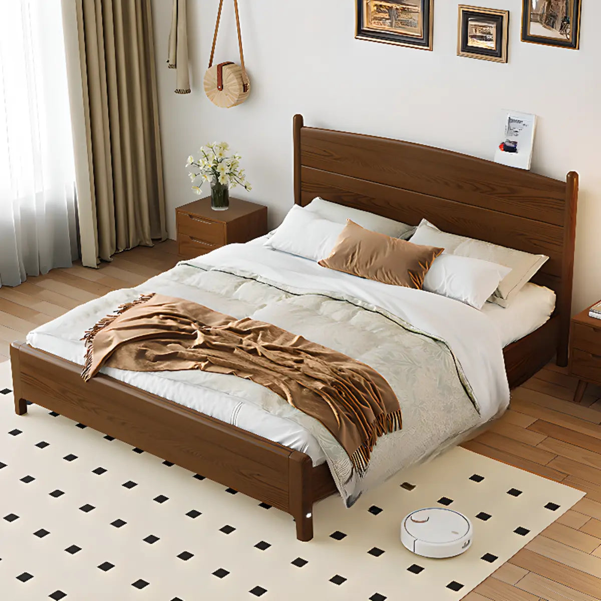 Classic Solid Wood Brown Queen Panel Bed with Headboard Image - 5