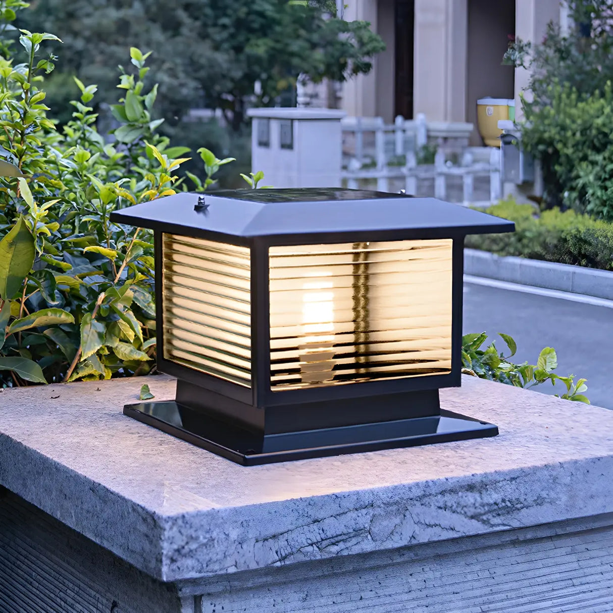 Classic Square Glass Outdoor Pillar Table Lamp Black Image - 11