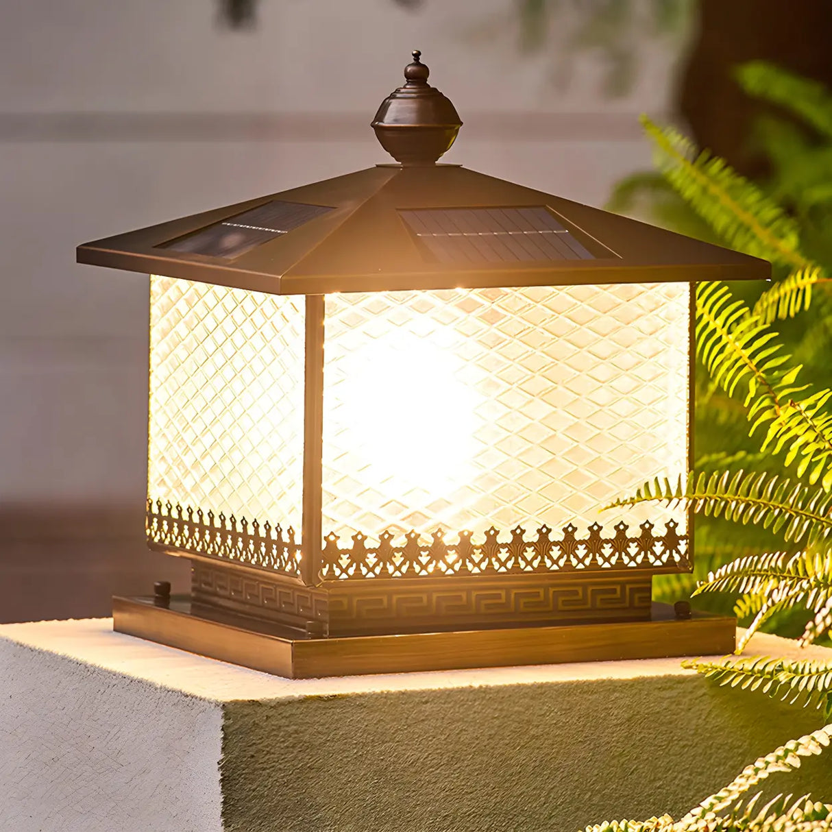 Classic Square Glass Solar Post Outdoor Table Lamp Image - 11