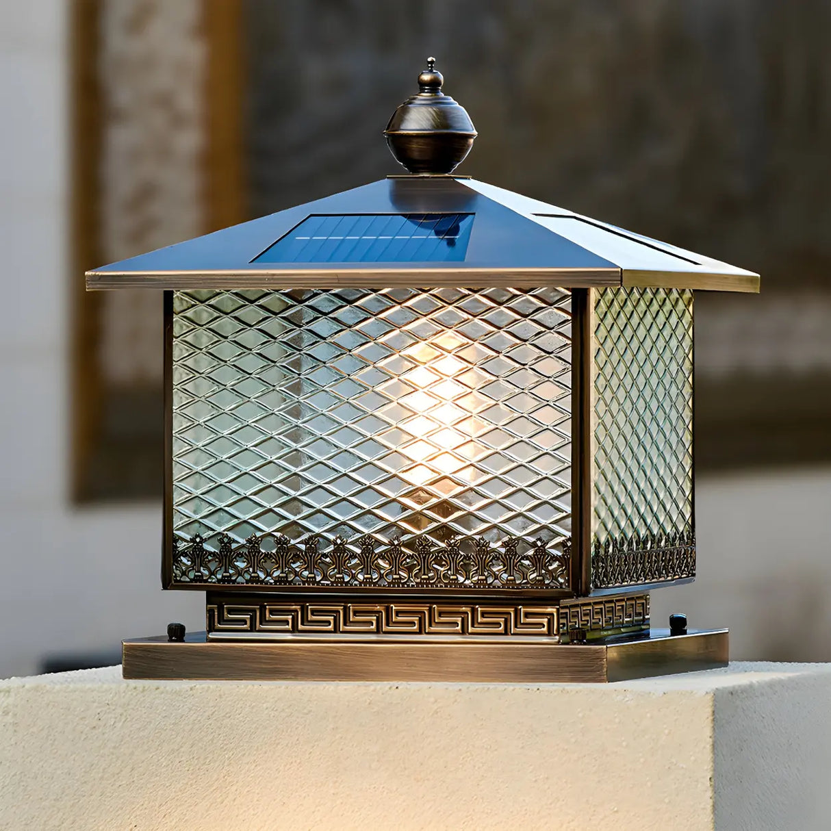 Classic Square Glass Solar Post Outdoor Table Lamp Image - 5