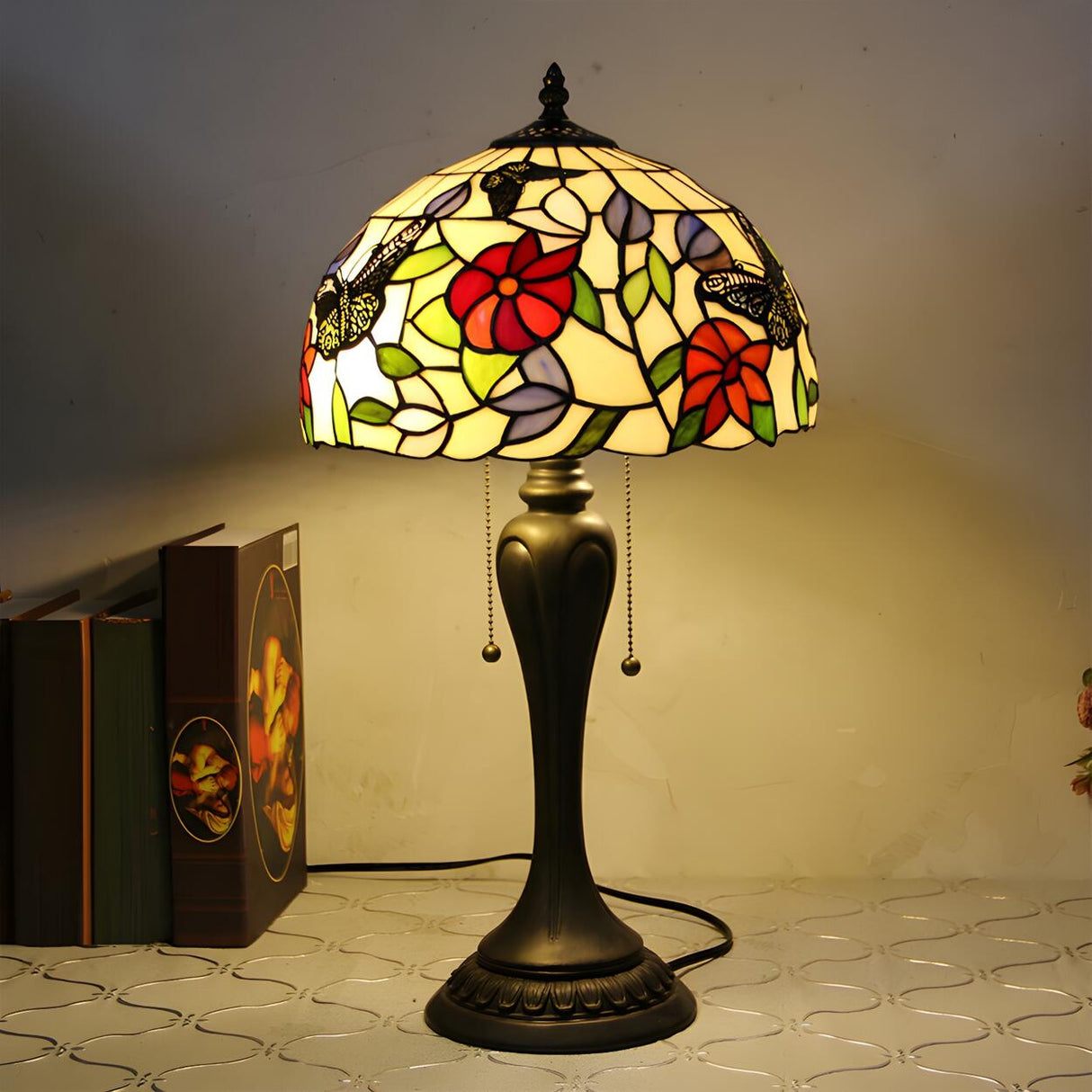 Classic Tiffany Dome Glass Shade Metal Table Lamp Image - 1