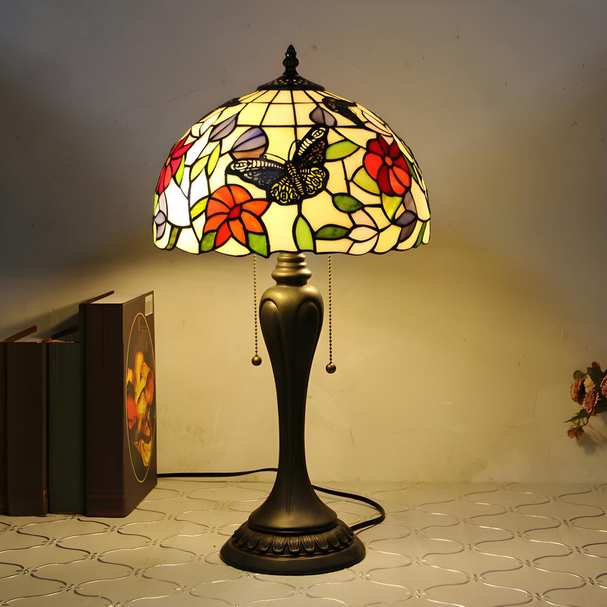 Classic Tiffany Dome Glass Shade Metal Table Lamp Image - 2