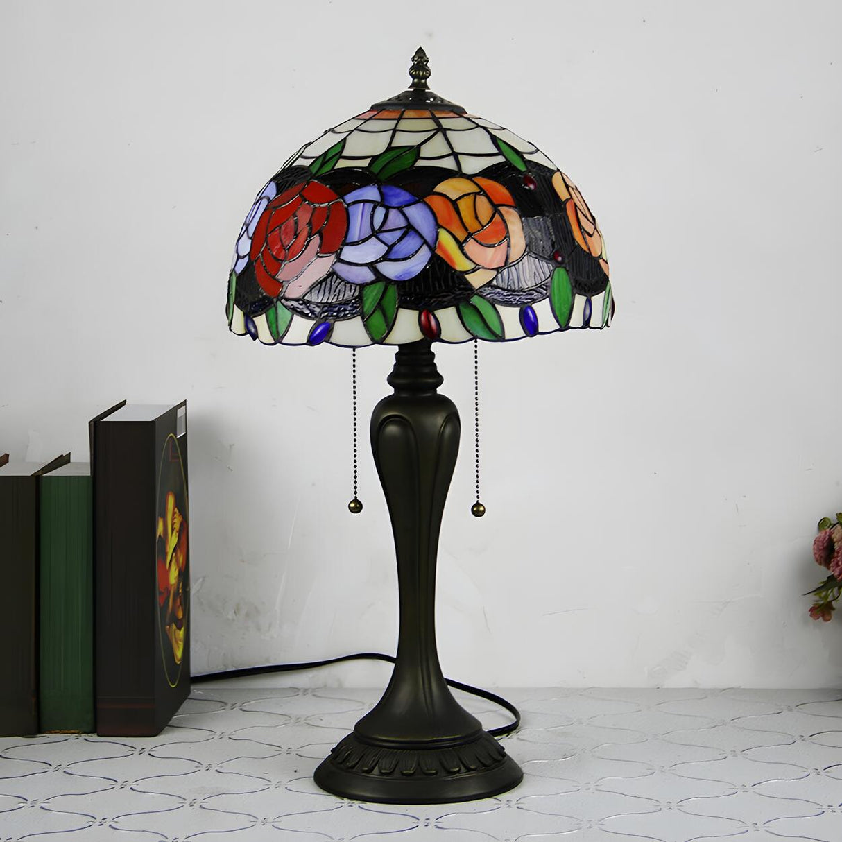 Classic Tiffany Dome Glass Shade Metal Table Lamp Image - 4