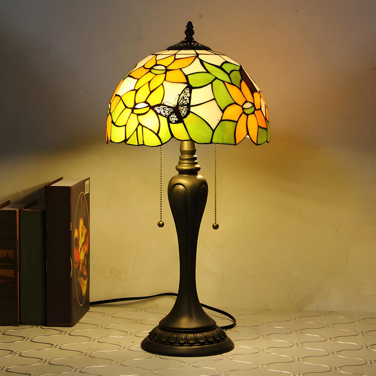 Classic Tiffany Dome Glass Shade Metal Table Lamp Image - 5