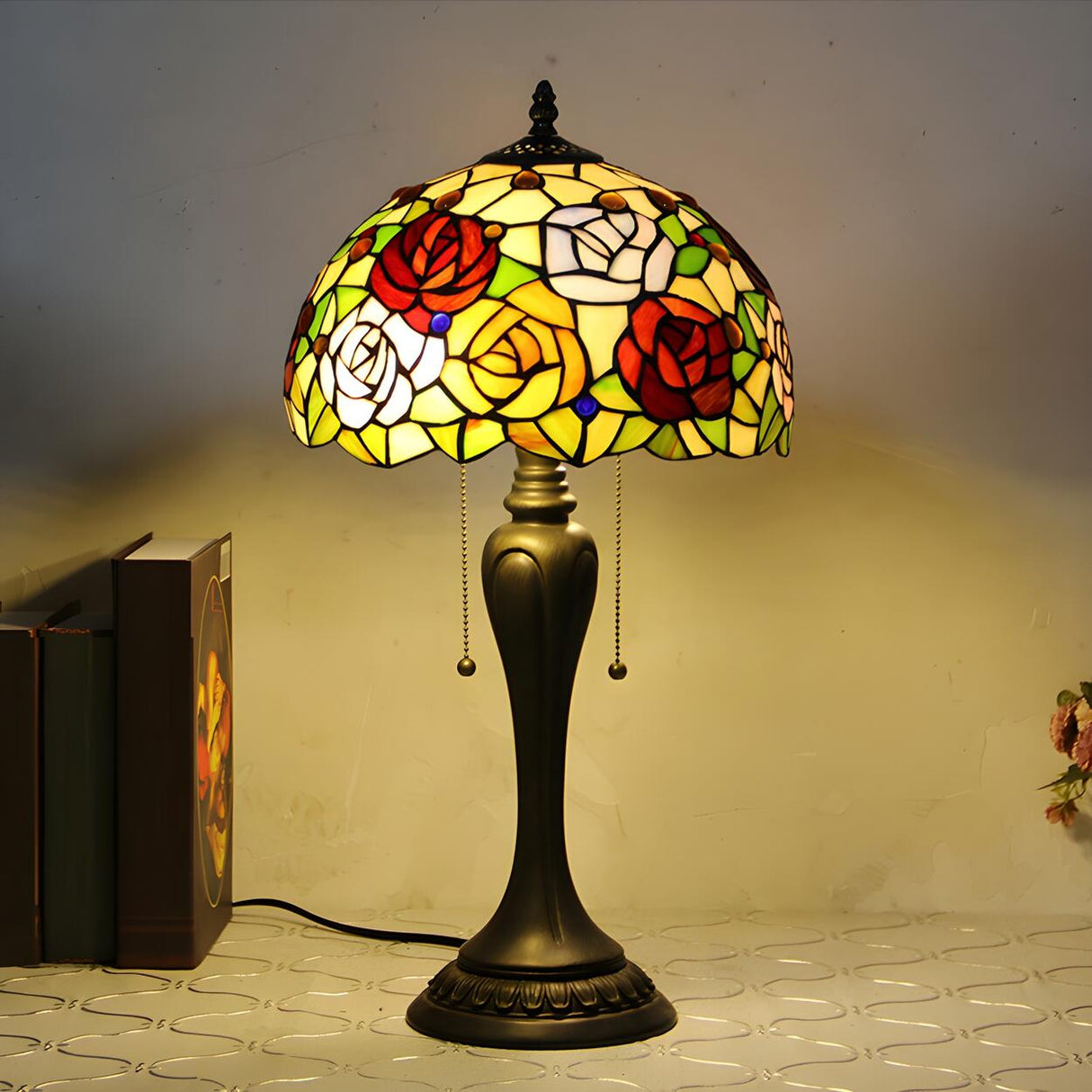 Classic Tiffany Dome Glass Shade Metal Table Lamp Image - 9