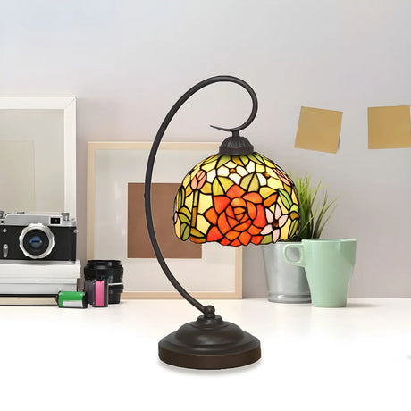 Classic Tiffany Dome Stained Glass Floral Desk Lamp Image - 2