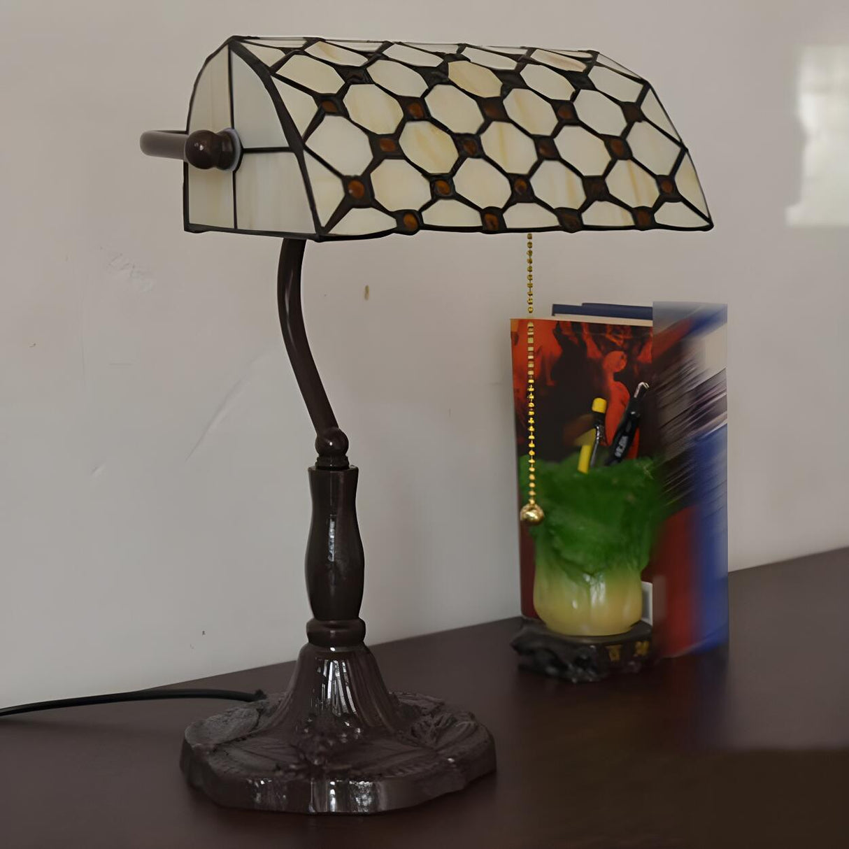 Classic Tiffany Style Banker Stained Glass Table Lamp Image - 3