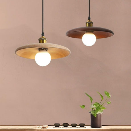 Classic UFO Solid Wood Geometric Disc Pendant Light Image - 1