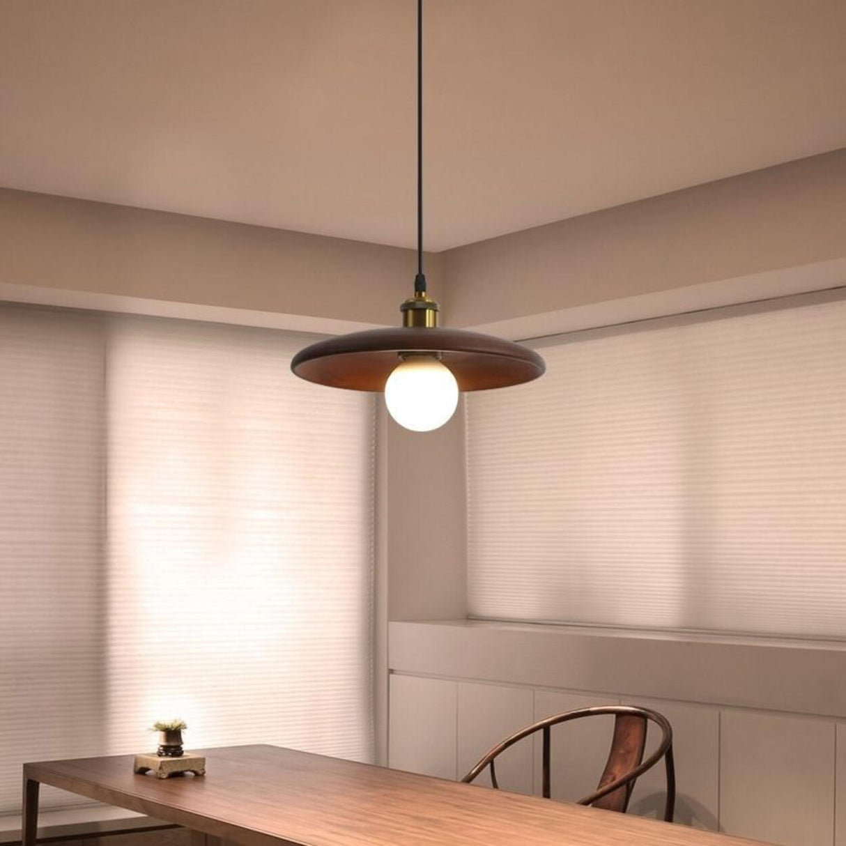 Classic UFO Solid Wood Geometric Disc Pendant Light Image - 6