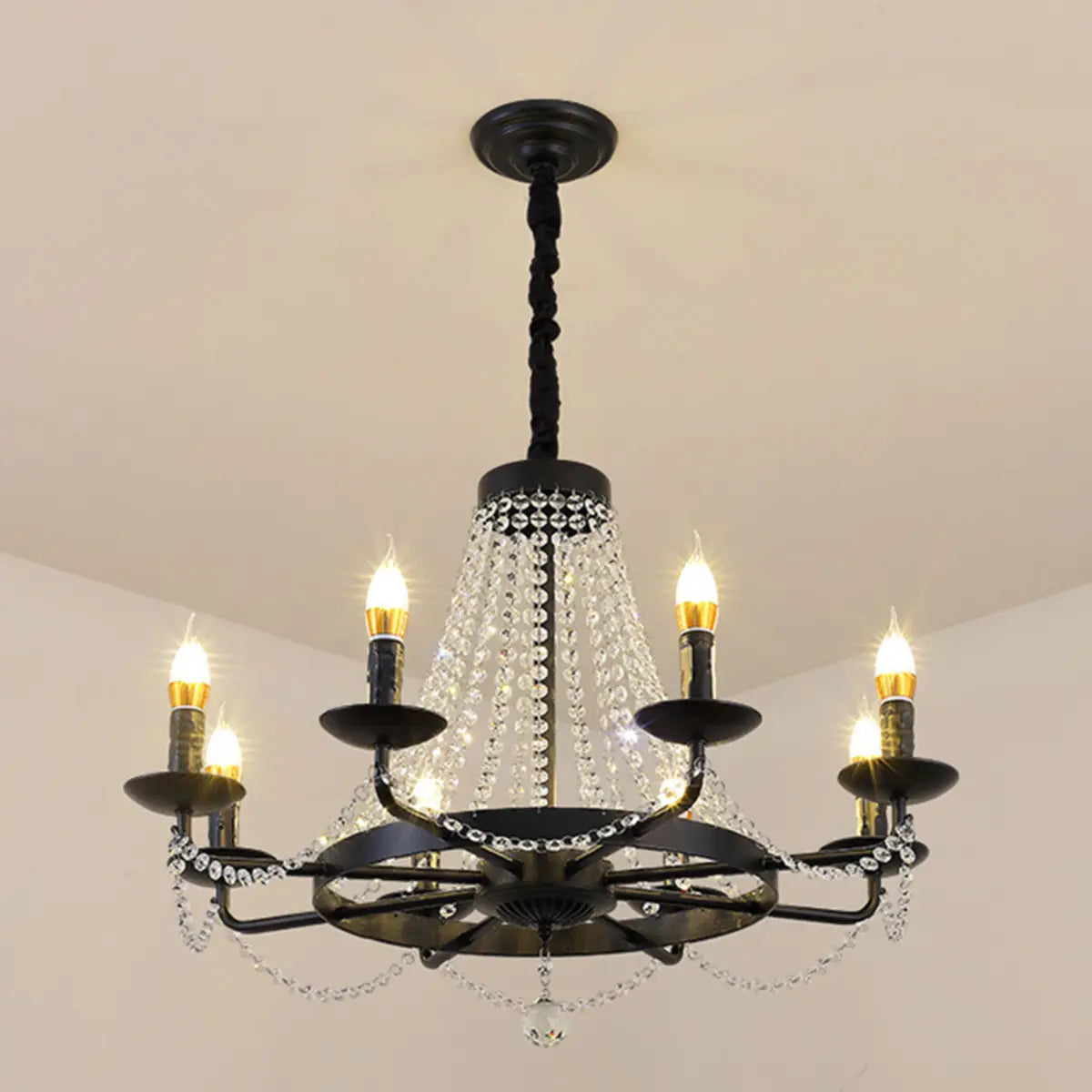 Classic Wagon Wheel Clear Beads Candelabra Black Chandelier Image - 4