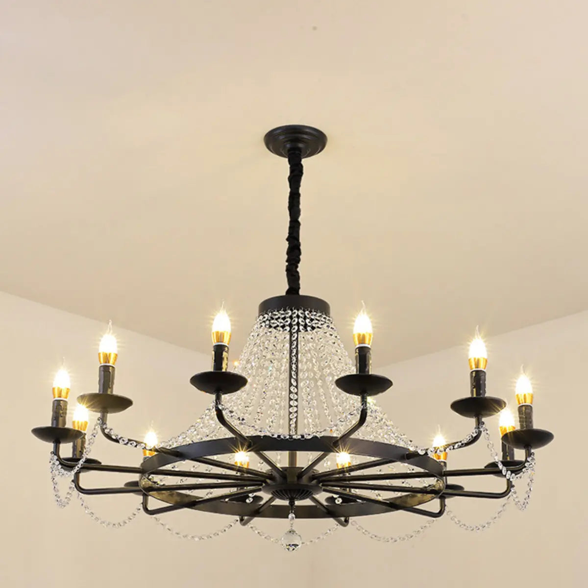 Classic Wagon Wheel Clear Beads Candelabra Black Chandelier Image - 7