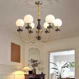 Classic Walnut White Globe Glass Chandelier Living Room Image - 1