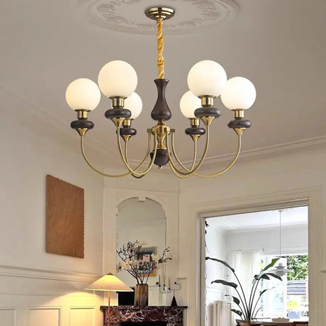 Classic Walnut White Globe Glass Chandelier Living Room Image - 1