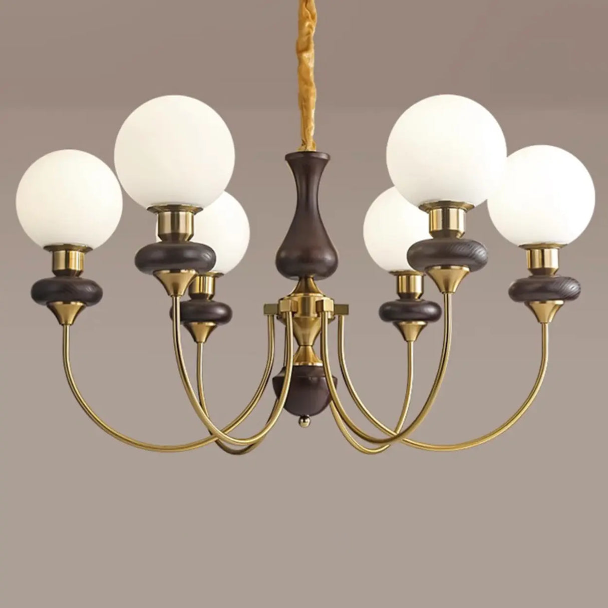 Classic Walnut White Globe Glass Chandelier Living Room Image - 10