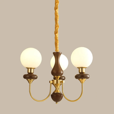 Classic Walnut White Globe Glass Chandelier Living Room Image - 2