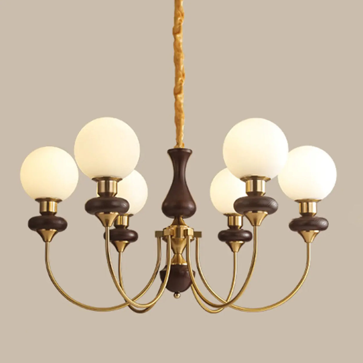 Classic Walnut White Globe Glass Chandelier Living Room Image - 3