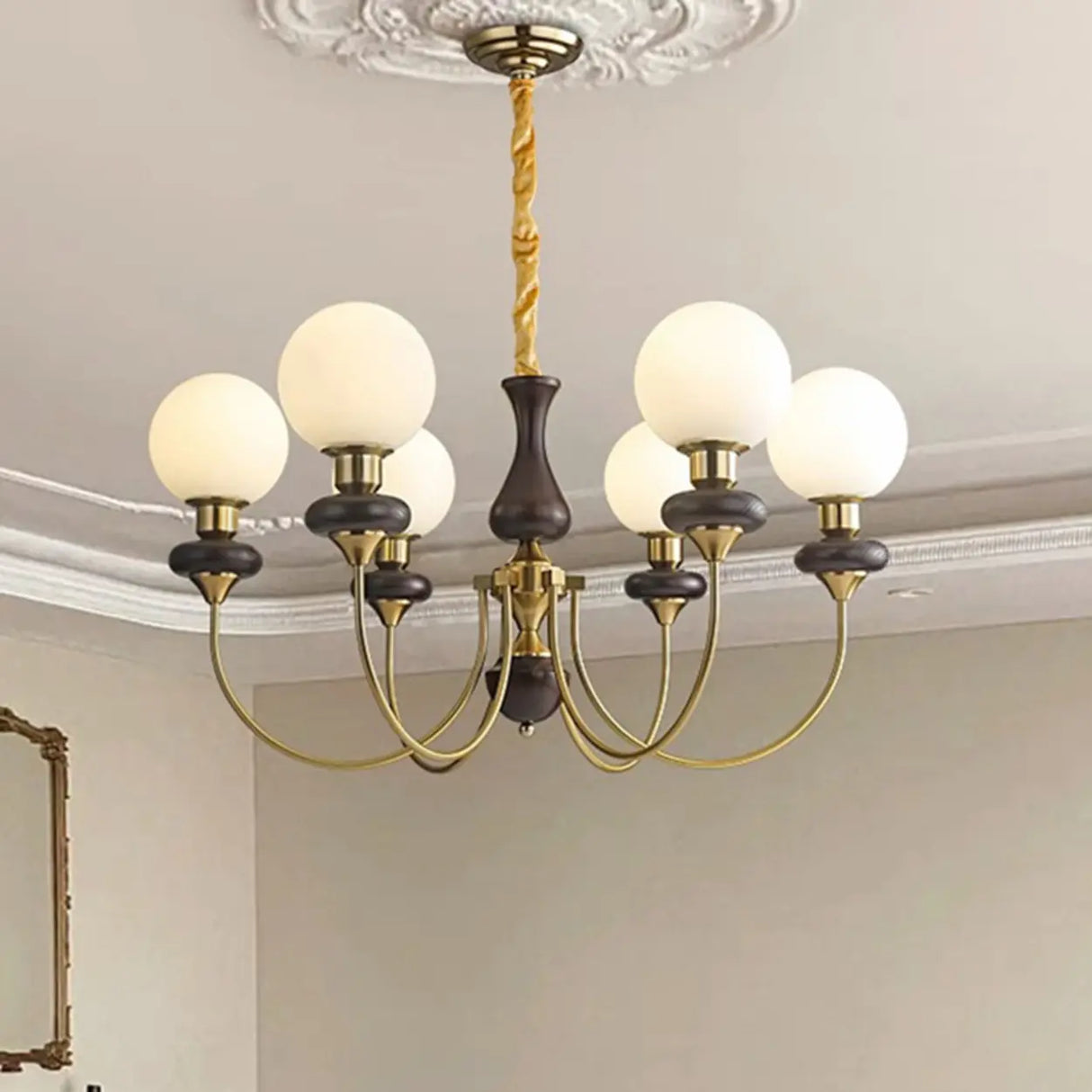 Classic Walnut White Globe Glass Chandelier Living Room Image - 7