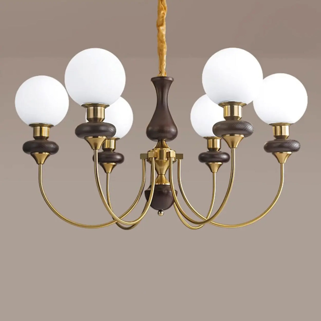 Classic Walnut White Globe Glass Chandelier Living Room Image - 9