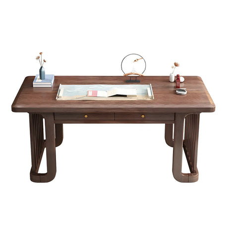 Classic Walnut Wood Rectangle Drawers Sled Writing Desk Image - 2