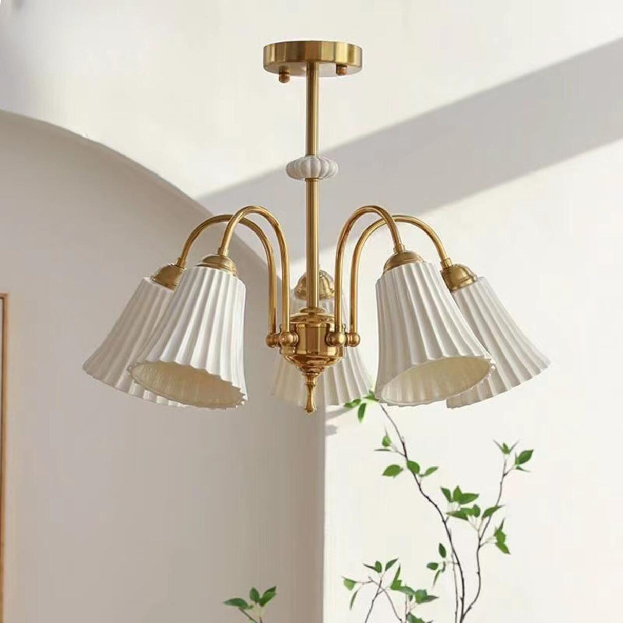 Classic White Ceramic Drum Brass Round Chandelier  Image - 3