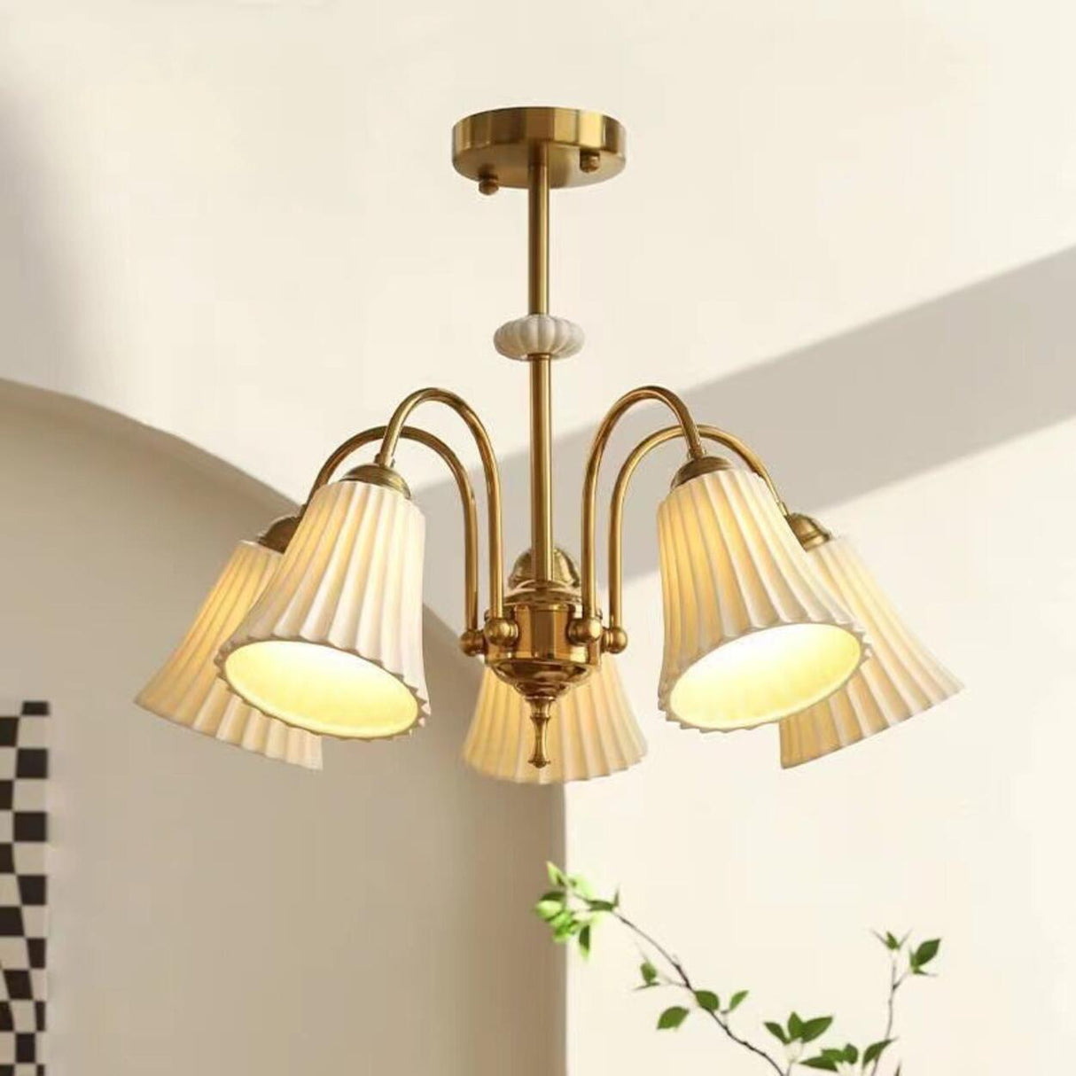 Classic White Ceramic Drum Brass Round Chandelier  Image - 4