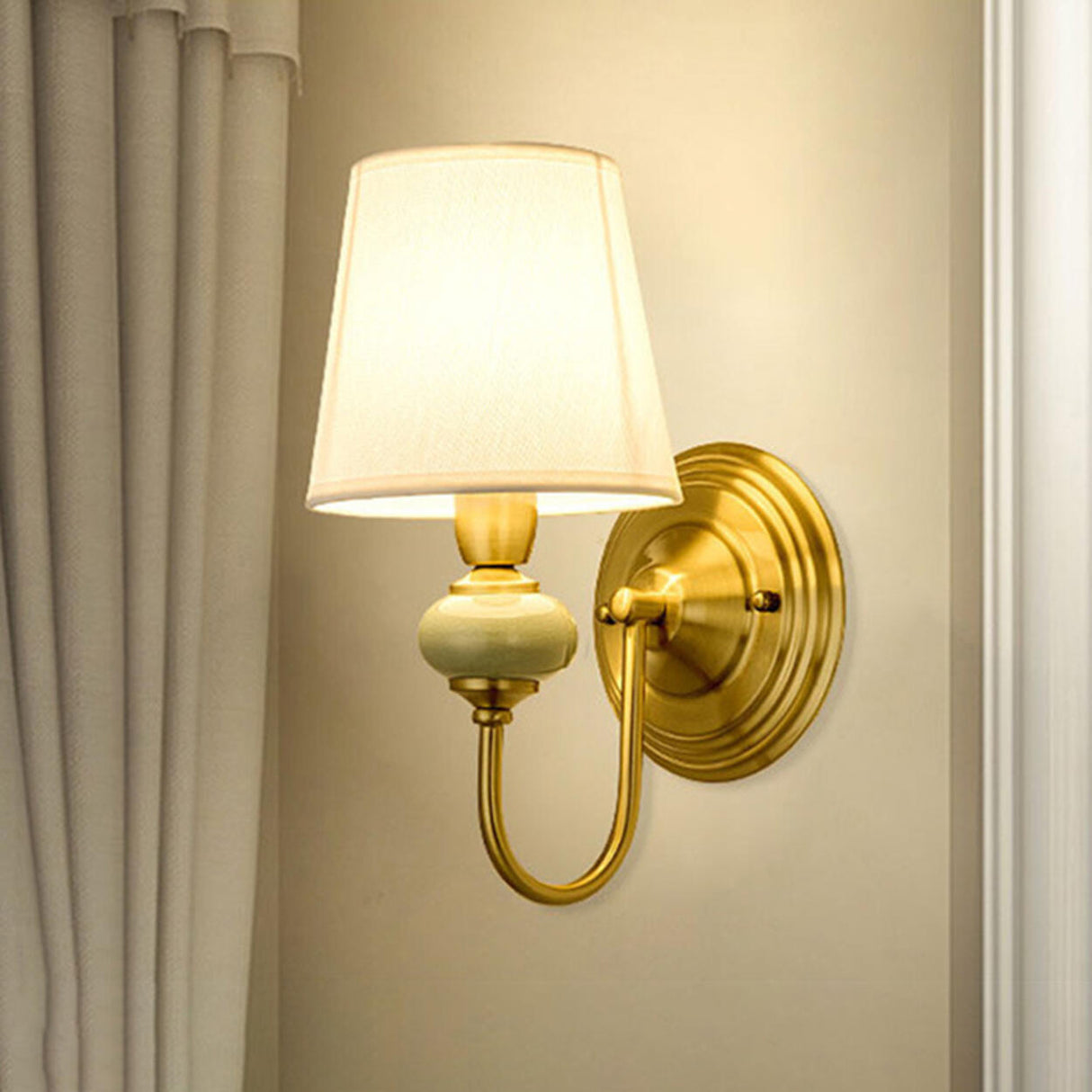 Classic White Fabric Shade Gold Cylinder Wall Sconce Image - 15