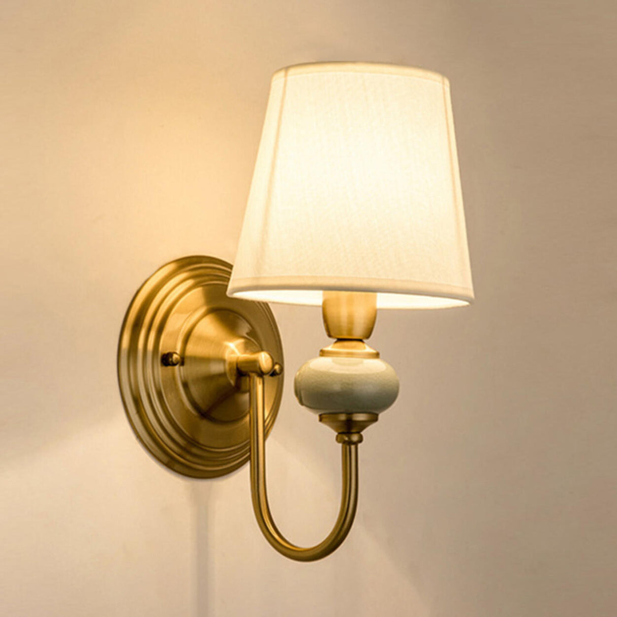 Classic White Fabric Shade Gold Cylinder Wall Sconce Image - 3