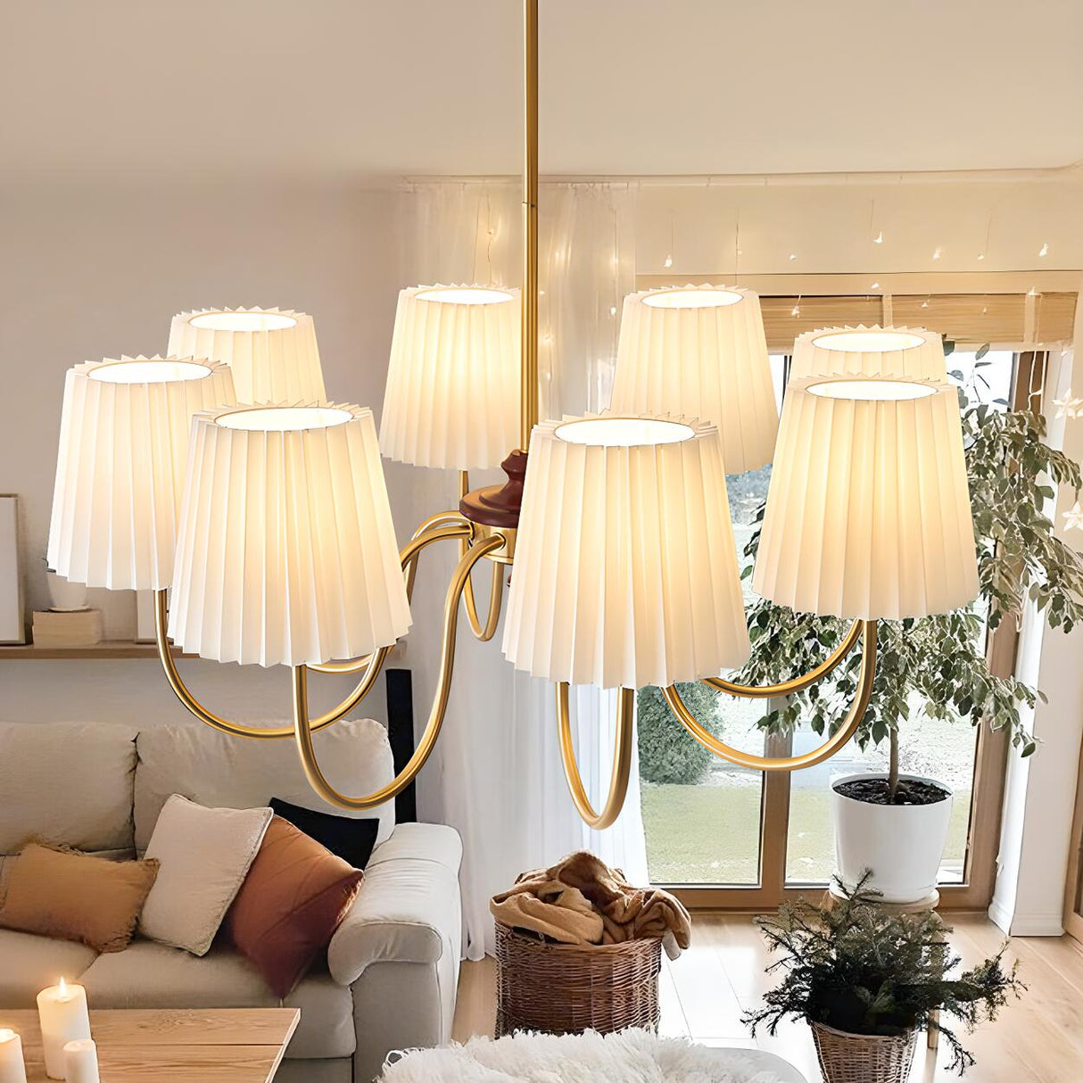 Classic White Pleated Fabric Brass Chandelier Image - 6