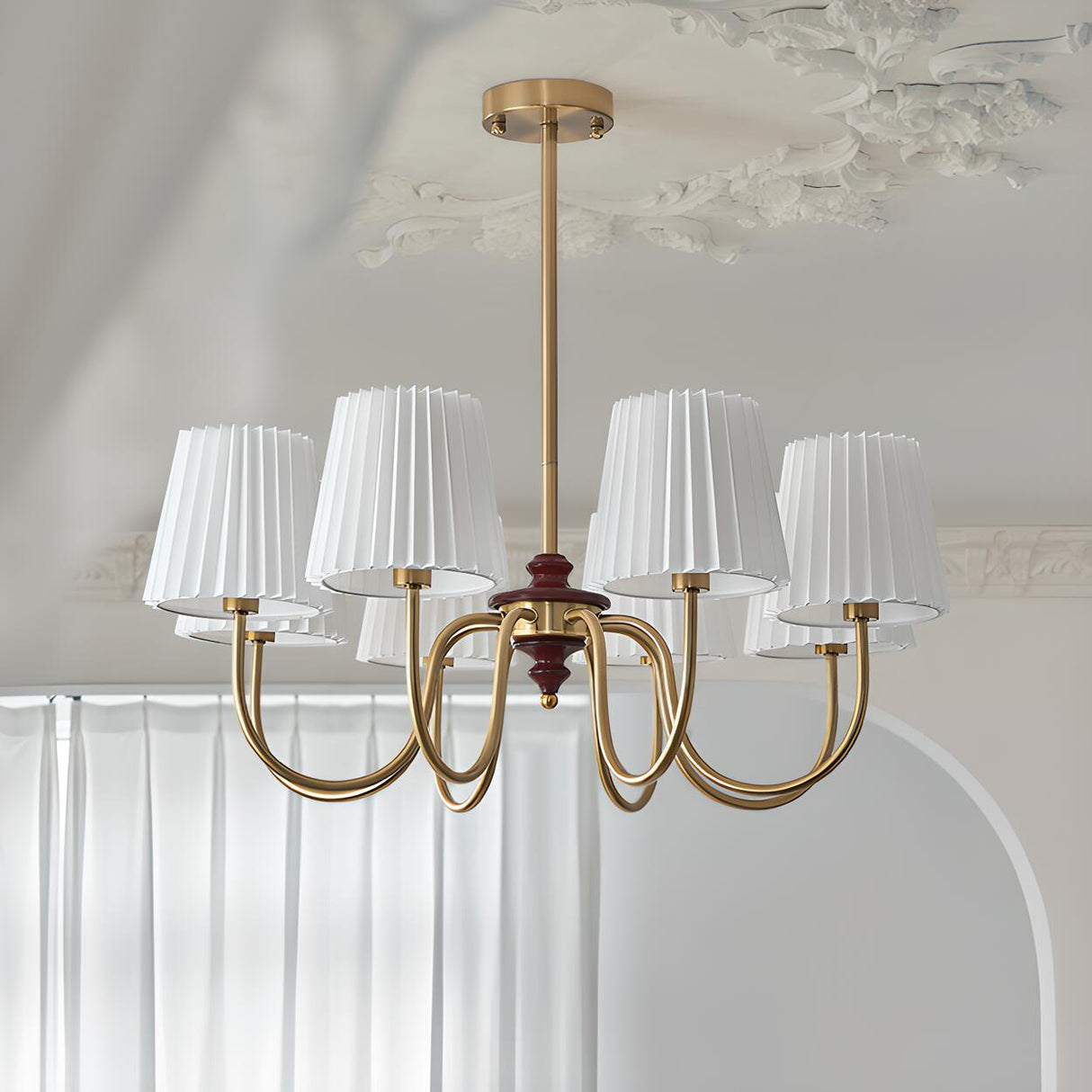 Classic White Pleated Fabric Brass Chandelier Image - 8