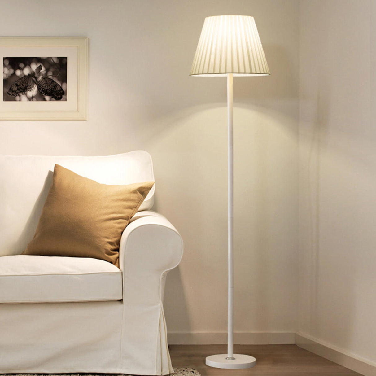 Classic White Pleated Shade Column Metal Floor Lamp Image - 1