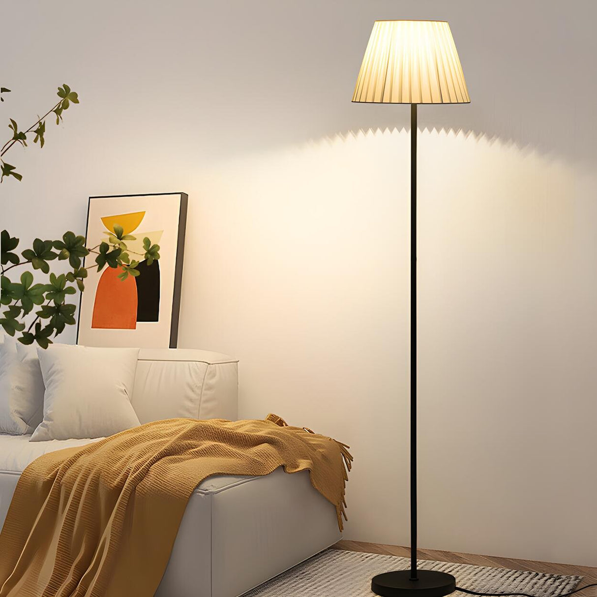 Classic White Pleated Shade Metal LED Floor Lamp Image - 3