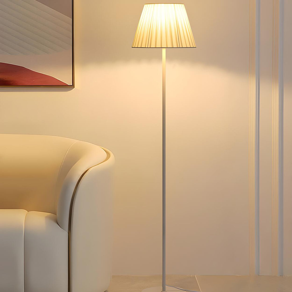 Classic White Pleated Shade Metal LED Floor Lamp Image - 4