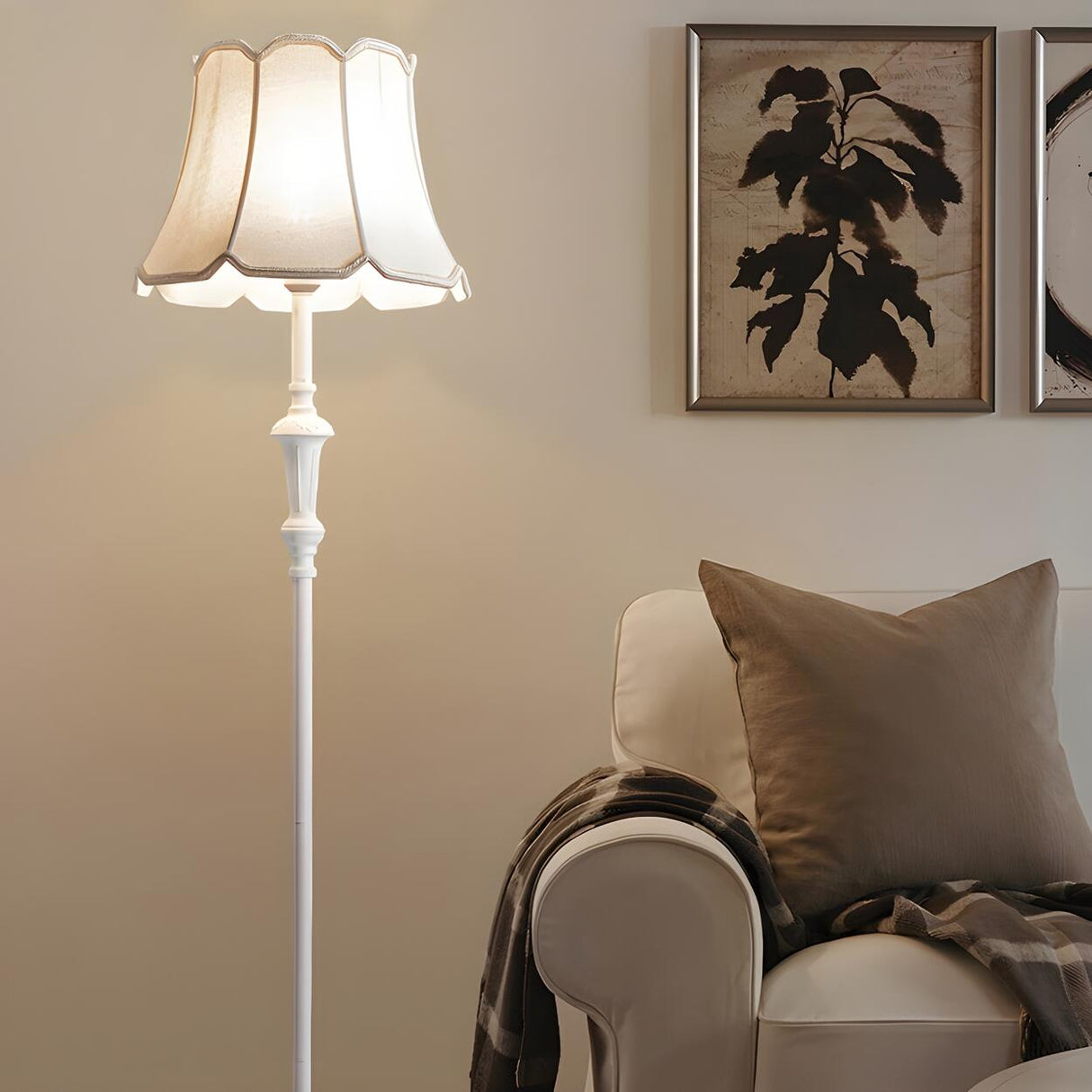 Classic White Scalloped Fabric Bedside Floor Lamp Image - 13