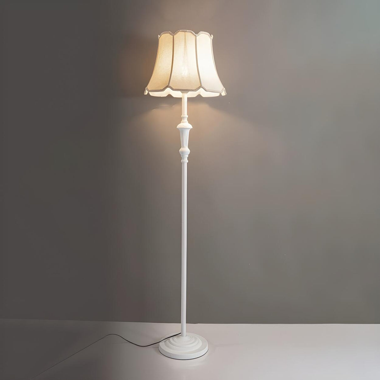 Classic White Scalloped Fabric Bedside Floor Lamp Image - 3