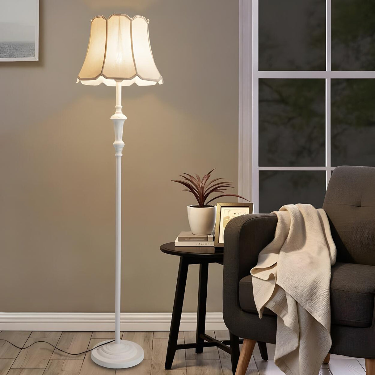 Classic White Scalloped Fabric Bedside Floor Lamp Image - 6