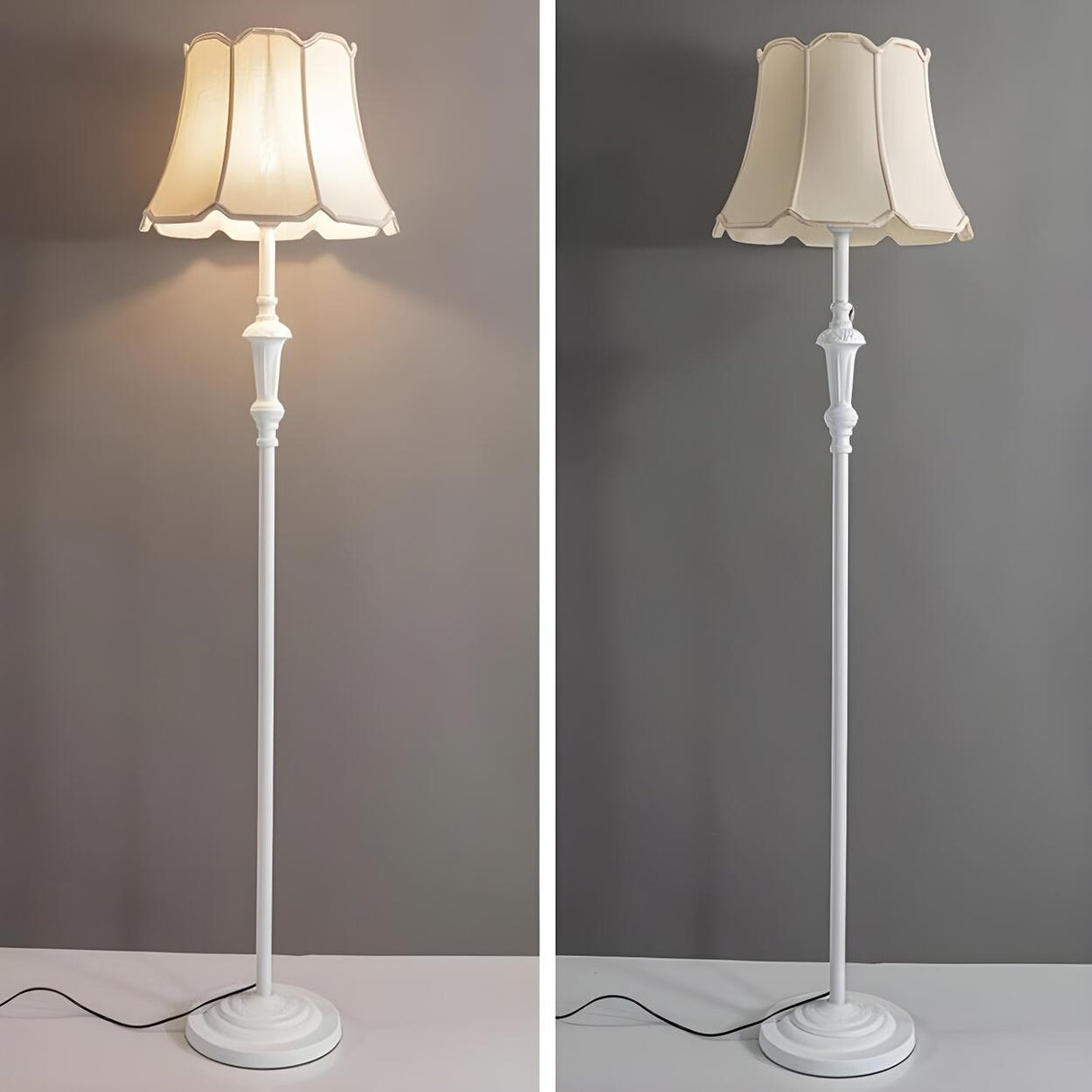 Classic White Scalloped Fabric Bedside Floor Lamp Image - 8