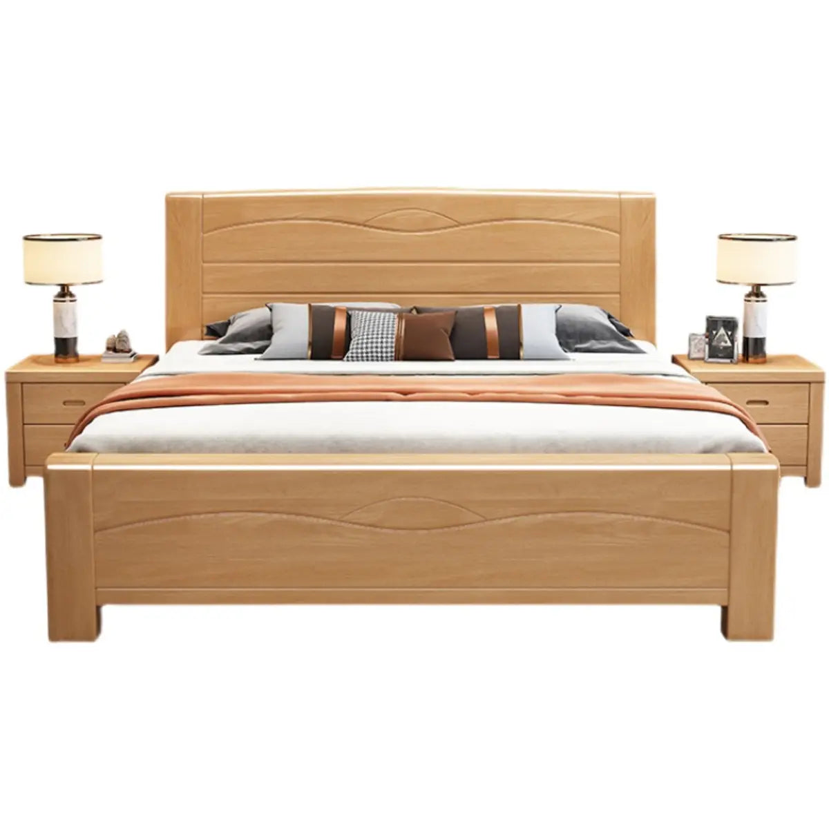 Classic Wood Natural Finish Queen Size Platform Panel Bed Image - 3