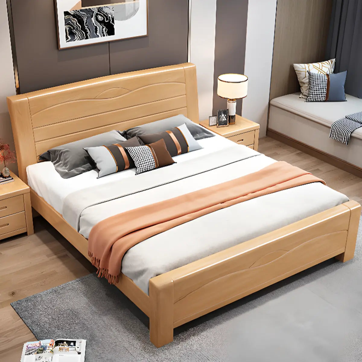 Classic Wood Natural Finish Queen Size Platform Panel Bed Image - 4