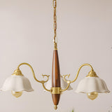 Classic Wooden Brass White Ceramic Floral Chandelier Image - 2