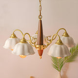 Classic Wooden Brass White Ceramic Floral Chandelier Image - 6