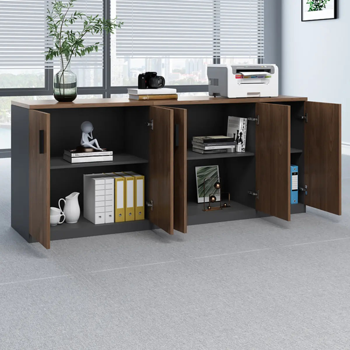 Classic Wooden Brown Office Storage Cabinet with Shelves Image - 4