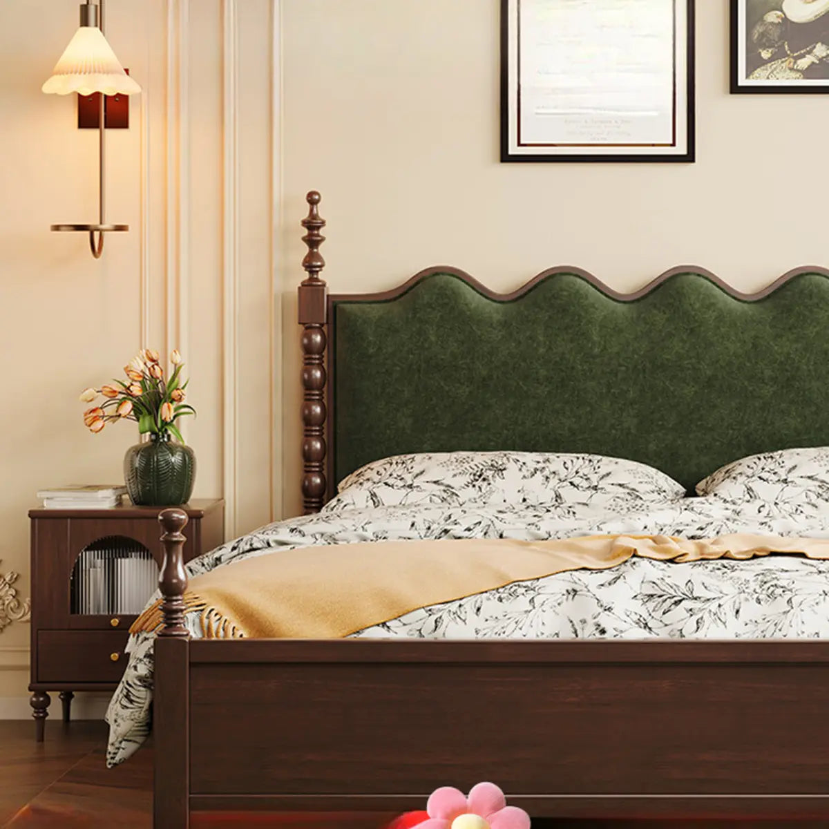 Classic Wooden Brown Queen Green Headboard Storage Bed Image - 4