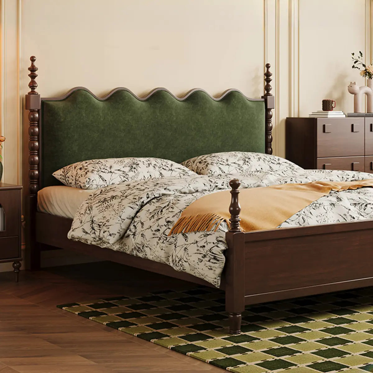 Classic Wooden Brown Queen Green Headboard Storage Bed Image - 6