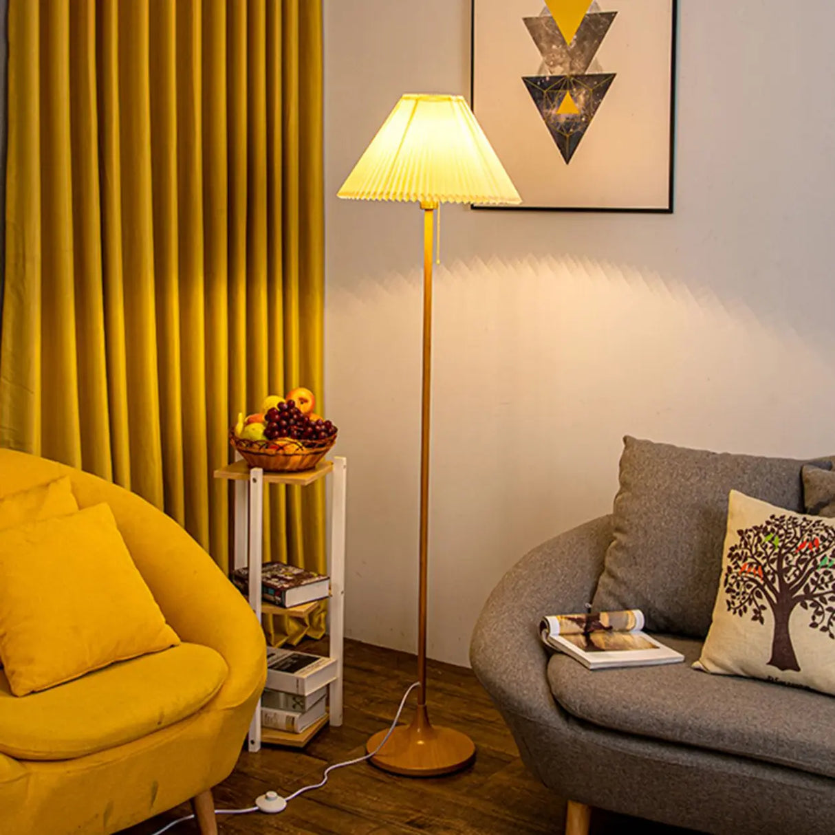 Classic Yellow Metal Floor Lamp with Pleated Shade Image - 2