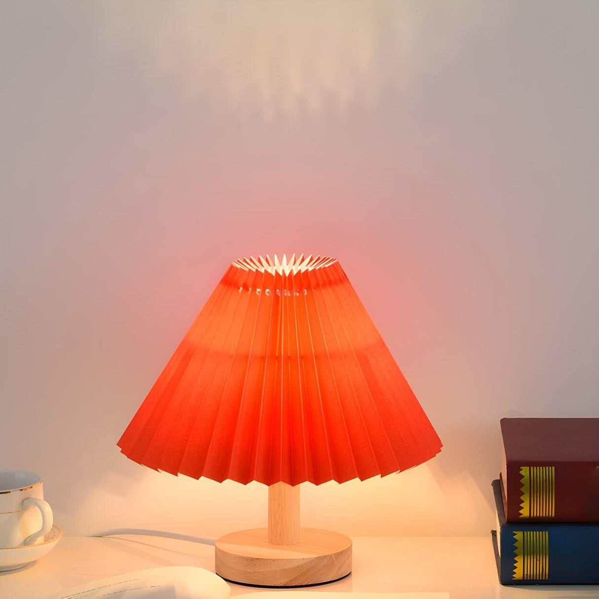 Classical Wooden Cone Pleated Fabric Shade Table Lamp Image - 17