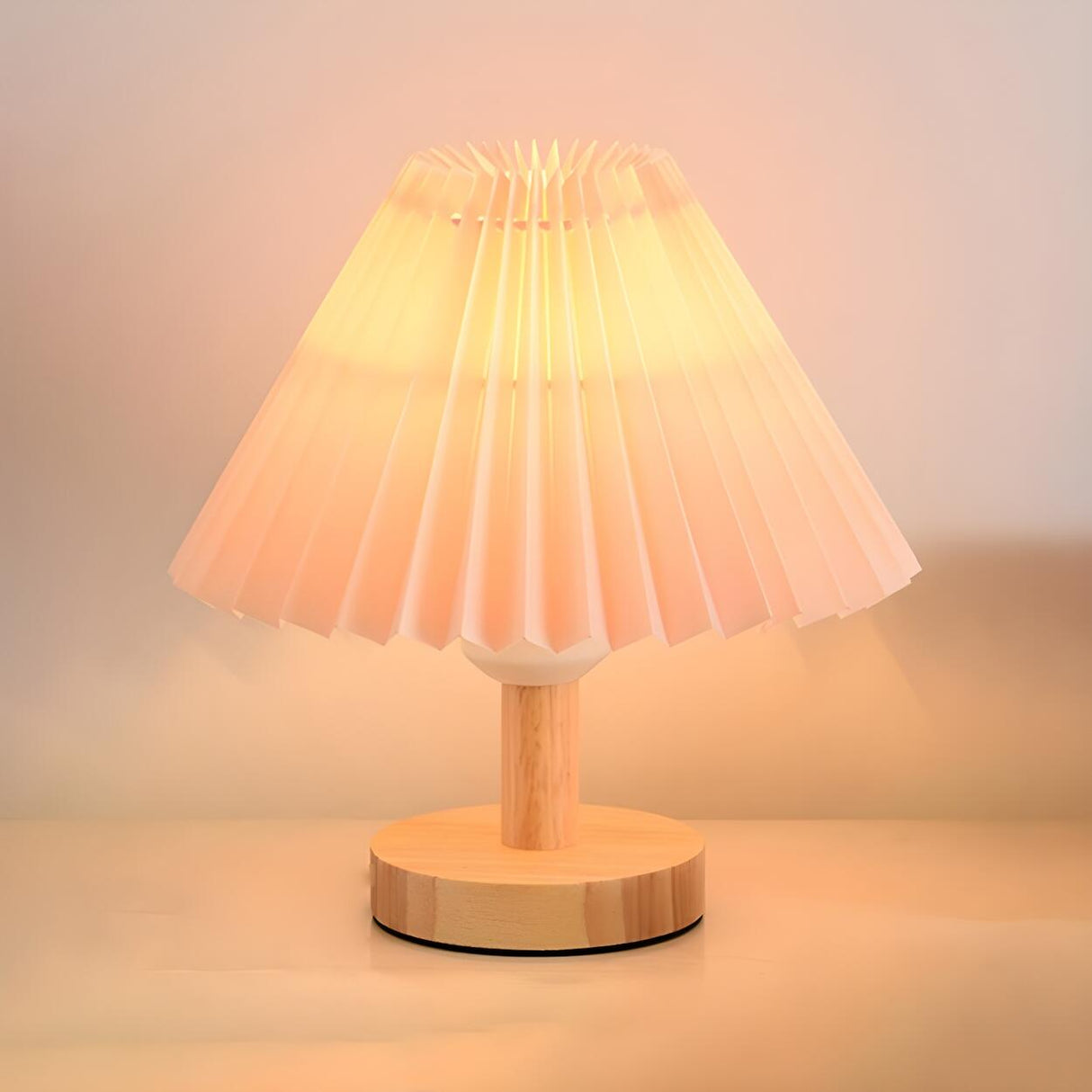 Classical Wooden Cone Pleated Fabric Shade Table Lamp Image - 5