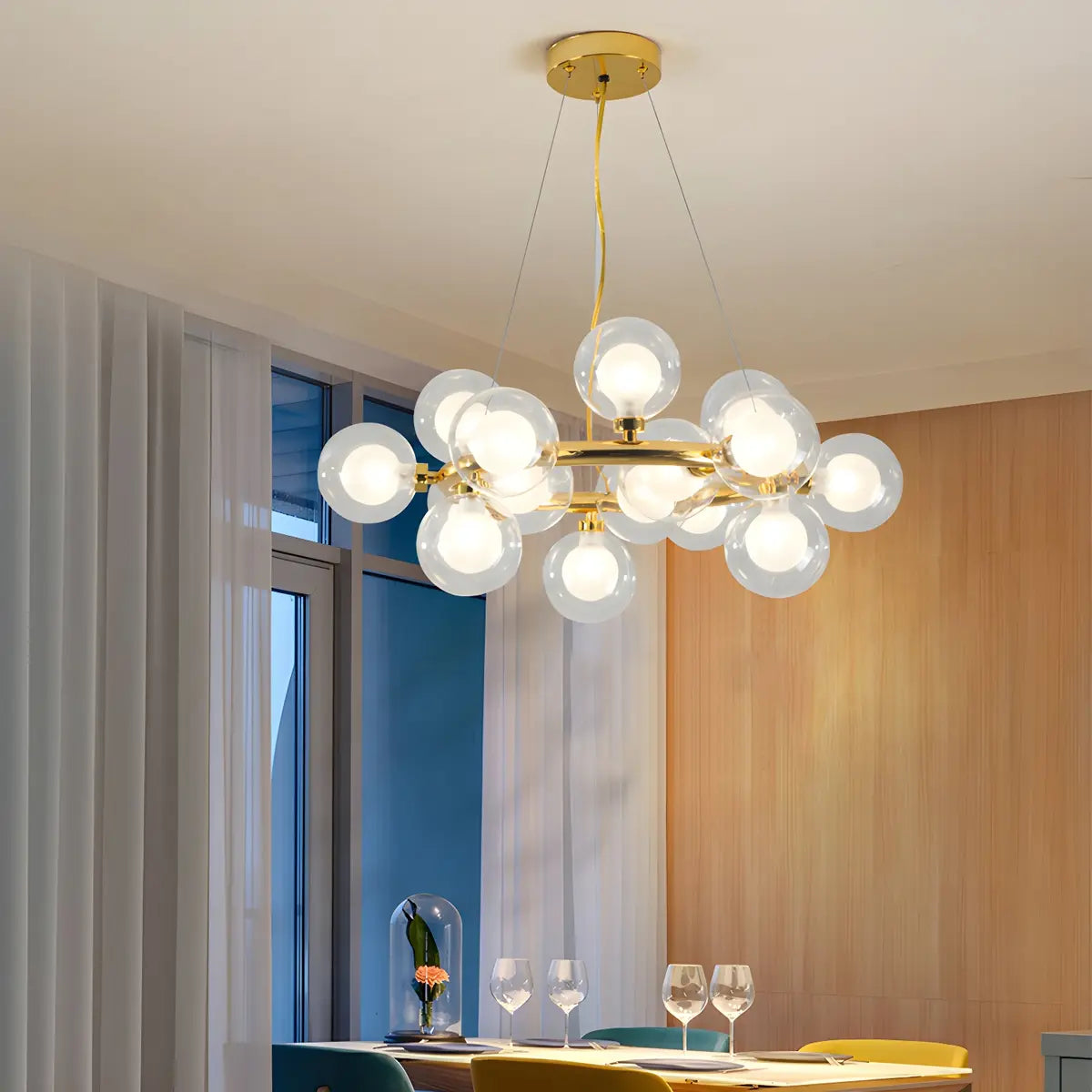 Clear Glass Gold Circle Dining Room Bubble Chandelier Image - 1