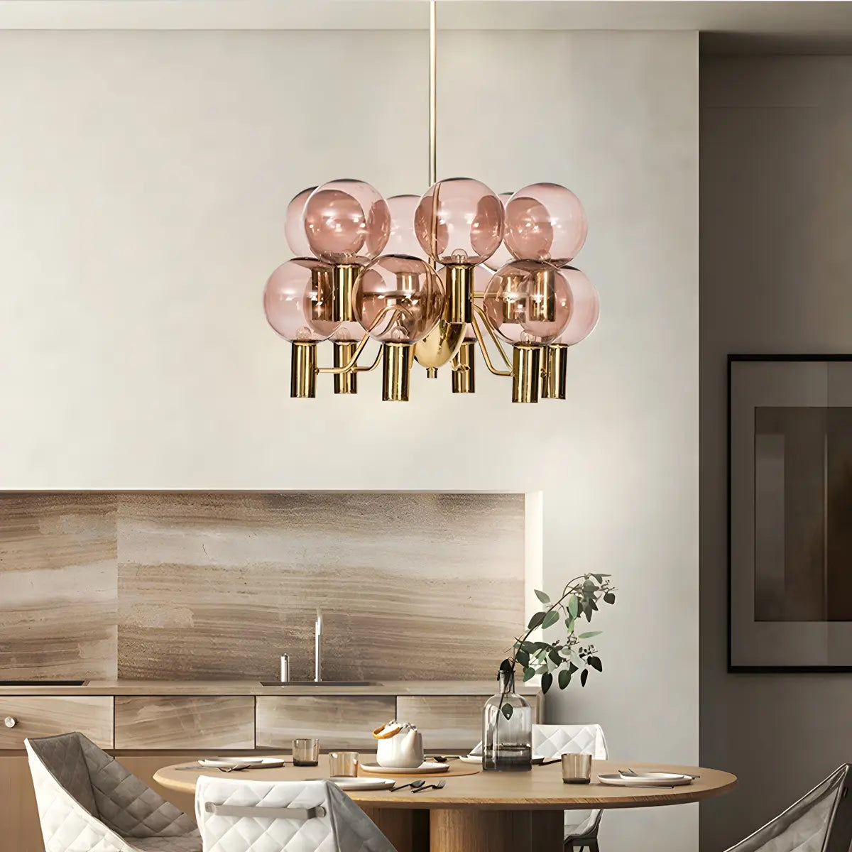 Clear Glass Pink Cluster Dining Room Bubble Chandelier Image - 7