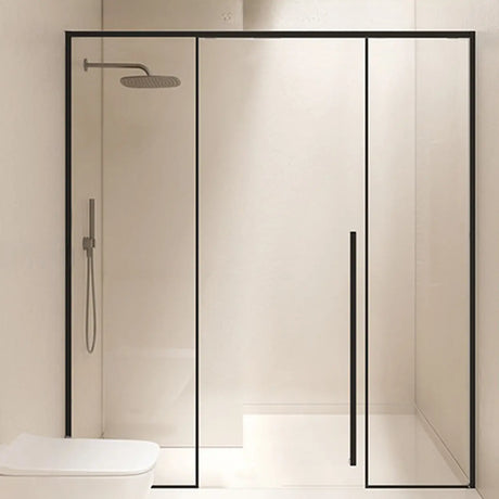 Clear Tempered Glass Panels Sliding Black Frame Shower Door Image - 2