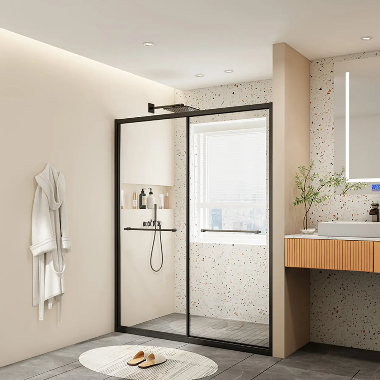 Clear Tempered Glass Sliding Shower Door with Towel Bar Image - 2